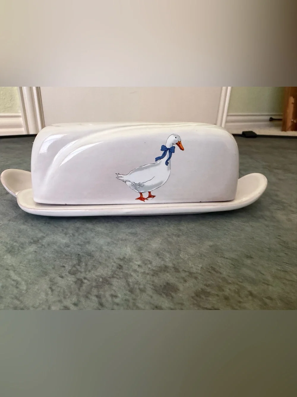 Frankoma White Ceramic Butter Dish with Duck Motif and Blue Bow